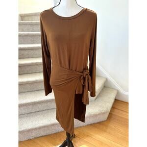 Eloquii Brown Long Sleeve Draped Tie Asymmetric Hem Blouse